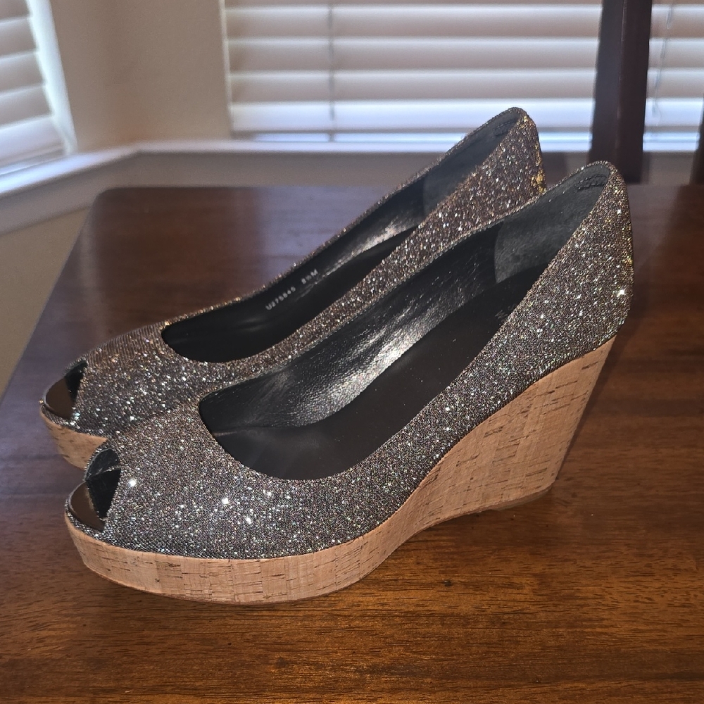 Stuart Weitzman Anna Corkswoon Glitter Wedge Heel Peep-Toe Pump Pyrite 8.5